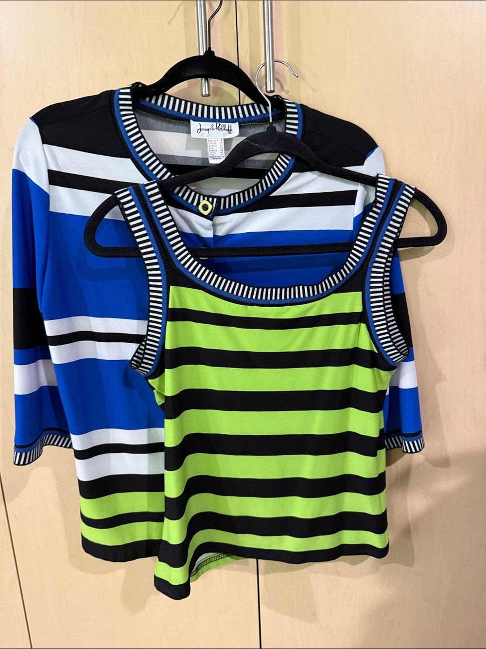 Classic two piece Joseph Ribkoff Blue, Black & Lime Button-Down Top & shell.